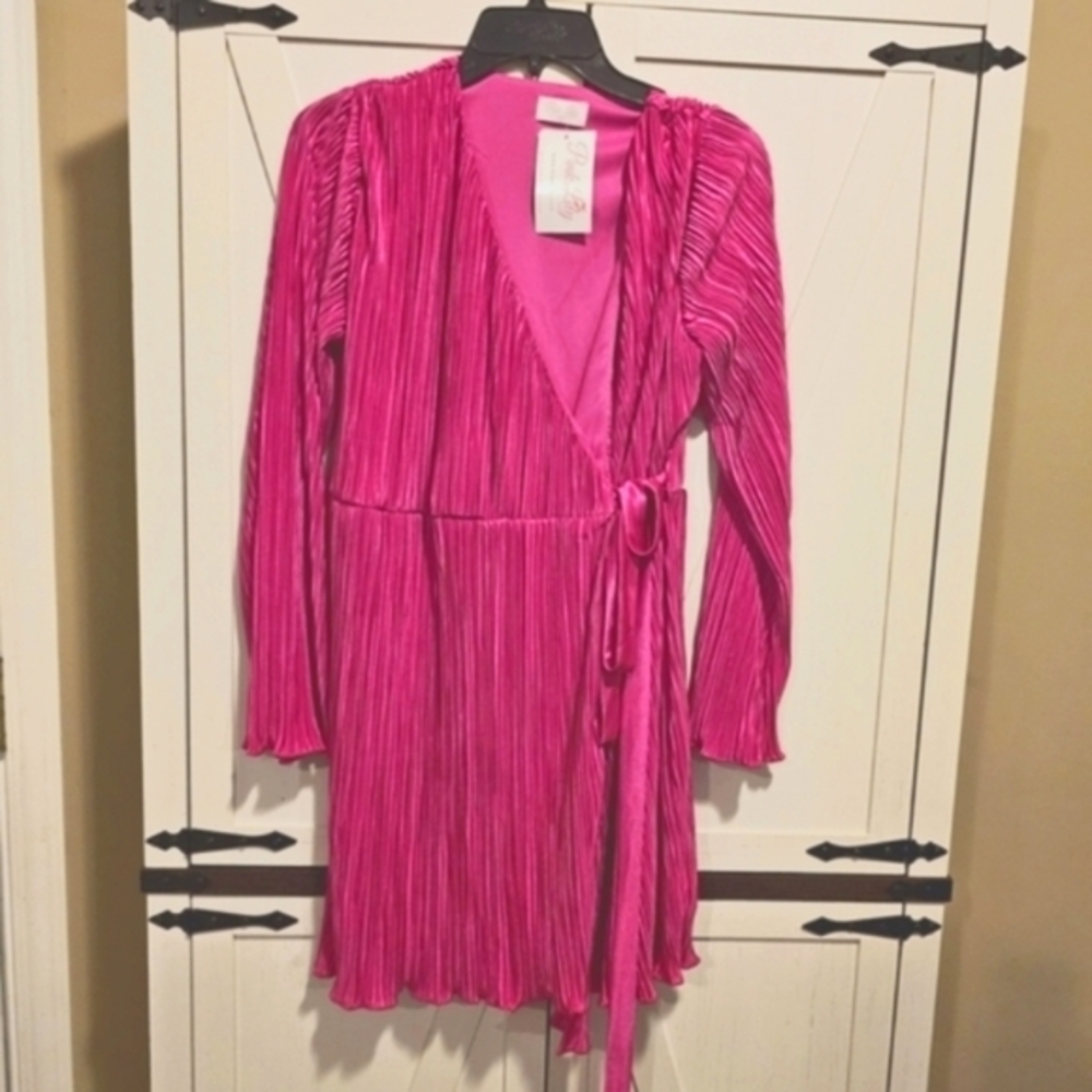 Pink Lily Hot Pink Pleated Wrap Dress